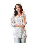 Short Kurti for Women for Jeans, Rayon Cotton Kurtis for Ladies, Gold Printed U Neck Women's Tunic Design Kurta, Top Floral Kurtas for Woman