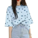 Topify Oversize Spandex Funkky Printed T-Shirt for Women Casual Wear with Butterfly Blue Print Color Blue