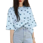 Topify Oversize Spandex Funkky Printed T-Shirt for Women Casual Wear with Butterfly Blue Print Color Blue - Image 2