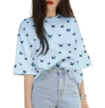 Topify Oversize Spandex Funkky Printed T-Shirt for Women Casual Wear with Butterfly Blue Print Color Blue - Image 2