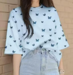 Topify Oversize Spandex Funkky Printed T-Shirt for Women Casual Wear with Butterfly Blue Print Color Blue - Image 3