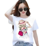 Women’s Round Neck Graphic Print T-Shirt – Short Sleeve Polyester Casual Top Color White (Half-RK-Cap Bag Girl)