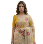 Handcrafted Floral Embroidered Saree with Contrast Yellow Blouse