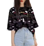 Topify Oversize Spandex Funkky Printed T-Shirt for Women Casual Wear with Akshar Print Color Black
