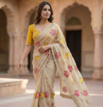 Handcrafted Floral Embroidered Saree with Contrast Yellow Blouse - Image 2