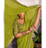 Bandhani Printed saree with Banarasi Lace Border and with unstitched blouse piece New Arrival Latest Georgette Printed Saree Fancy Women's Designer Saree Trending Saree Bollywood Saree daily use saree, fancy saree, naye design of saree nai design of saree - Image 3