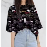 Topify Oversize Spandex Funkky Printed T-Shirt for Women Casual Wear with Akshar Print Color Black - Image 2