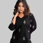 Casual Rayon Blend V-neck 3/4th Sleeves Thigh Length Printed Black Tunic (28"Inches)