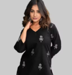 Casual Rayon Blend V-neck 3/4th Sleeves Thigh Length Printed Black Tunic (28"Inches)