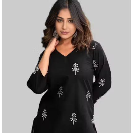 Casual Rayon Blend V-neck 3/4th Sleeves Thigh Length Printed Black Tunic (28"Inches)