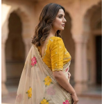 Handcrafted Floral Embroidered Saree with Contrast Yellow Blouse - Image 3