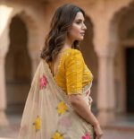 Handcrafted Floral Embroidered Saree with Contrast Yellow Blouse - Image 3