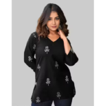 Casual Rayon Blend V-neck 3/4th Sleeves Thigh Length Printed Black Tunic (28"Inches) - Image 3