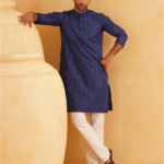 Ethnic Motifs Printed Mandarin Collar Cotton Linen Straight Kurta with Pyjamas