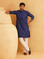 Ethnic Motifs Printed Mandarin Collar Cotton Linen Straight Kurta with Pyjamas