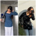 Dunkaston Women Rayon Printed A-line Kurti ( Blue & Black )