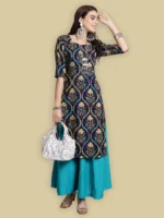 Ethnic Basket Crepe Printed Straight Women's Kurti - Navy Blue ( Pack of 1 ) - Image 3