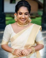 Generic Linen Solid Kasavu Saree With Unstitched Blouse Piece ( White ) - Image 2