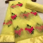 HIFLI Net Embroidered Banarasi saree With Unstitched Blouse Piece ( Yellow )
