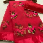 HIFLI Net Embroidered Banarasi saree With Unstitched Blouse Piece ( Red )