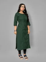 Hetsa Pack of 1 Cotton Blend Embroidered A-line Women's Kurti - ( Dark Green ) - Image 4