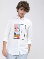 Highlander 100% Cotton Slim Fit Printed Full Sleeves Men's Casual Shirt - White ( Pack of 1 )