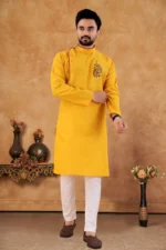 Mustard Cotton Blend Regular Fit Men's Kurta Pyjama Set ( Pack of 1 )