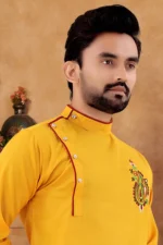 Mustard Cotton Blend Regular Fit Men's Kurta Pyjama Set ( Pack of 1 ) - Image 2