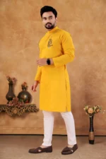Mustard Cotton Blend Regular Fit Men's Kurta Pyjama Set ( Pack of 1 ) - Image 3