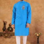 Sky Blue Cotton Blend Regular Fit Men's Kurta Pyjama Set ( Pack of 1 )