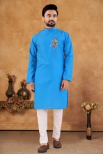 Sky Blue Cotton Blend Regular Fit Men's Kurta Pyjama Set ( Pack of 1 )