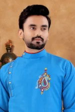 Sky Blue Cotton Blend Regular Fit Men's Kurta Pyjama Set ( Pack of 1 ) - Image 2