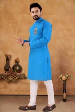 Sky Blue Cotton Blend Regular Fit Men's Kurta Pyjama Set ( Pack of 1 ) - Image 3