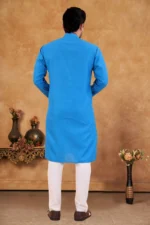 Sky Blue Cotton Blend Regular Fit Men's Kurta Pyjama Set ( Pack of 1 ) - Image 4