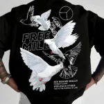 LEWEL Cotton Blend Oversized Fit Printed 3/4th Sleeves Men's Round T-Shirt - Black ( Pack of 1 )