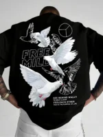 LEWEL Cotton Blend Oversized Fit Printed 3/4th Sleeves Men's Round T-Shirt - Black ( Pack of 1 )