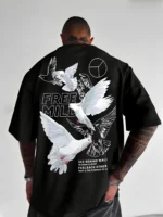 LEWEL Cotton Blend Oversized Fit Printed 3/4th Sleeves Men's Round T-Shirt - Black ( Pack of 1 ) - Image 3