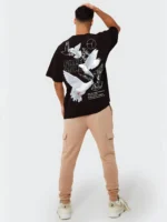 LEWEL Cotton Blend Oversized Fit Printed 3/4th Sleeves Men's Round T-Shirt - Black ( Pack of 1 ) - Image 4