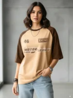 Women Cotton Blend Oversized Fit Round Neck T-Shirt ( Beige )