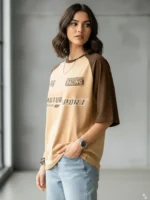 Women Cotton Blend Oversized Fit Round Neck T-Shirt ( Beige ) - Image 2
