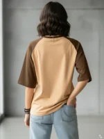 Women Cotton Blend Oversized Fit Round Neck T-Shirt ( Beige ) - Image 3