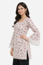 Women Cotton Blend Printed Straight Kurti ( Maroon )