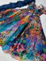 PuriMaa Blue Organza Circular Semi Stitched Lehenga