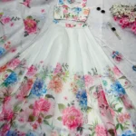 PuriMaa White Organza Circular Semi Stitched Lehenga