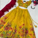 PuriMaa Yellow Organza Circular Semi Stitched Lehenga