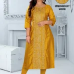 Women Chanderi Embroidered Straight Kurti ( Mustard )