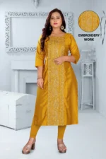 Women Chanderi Embroidered Straight Kurti ( Mustard )
