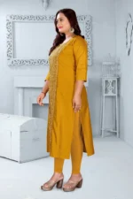Women Chanderi Embroidered Straight Kurti ( Mustard ) - Image 3