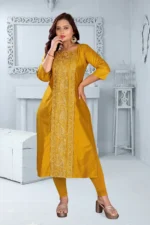 Women Chanderi Embroidered Straight Kurti ( Mustard ) - Image 4