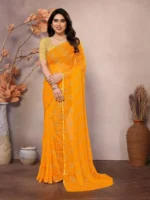 RedFish Chiffon Printed Regular Saree With Unstitched Blouse Piece ( Yellow )